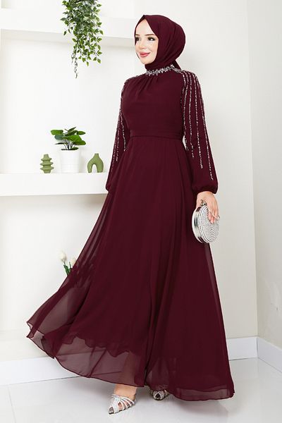 ModaMerve Burgundy Evening Dress - 6089lpn909-m, Embroidered Sleeves