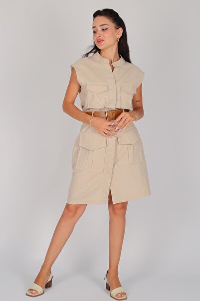 FACETTE Beige Linen Dress - Pocket Detail and Belt