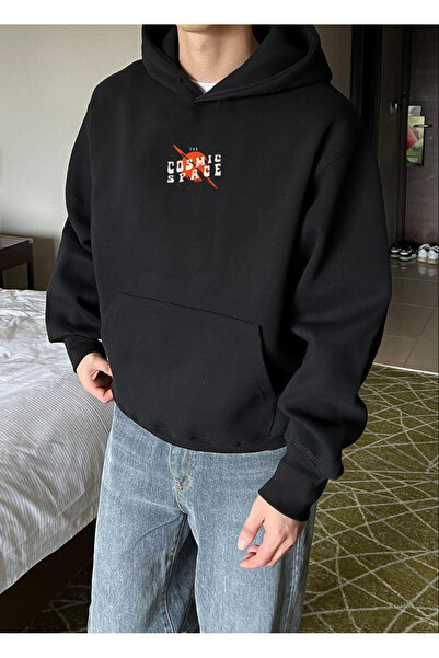 DEEPSENCE Ünisex Siyah Kapüşonlu Sweatshirt COSMIC SPACE MİNİMAL Baskılı