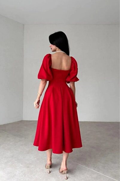 Daem Butik Kadın Kırmızı Kare Yaka Balon Kol Fırfırlı Astarlı Midi Boy Elbise