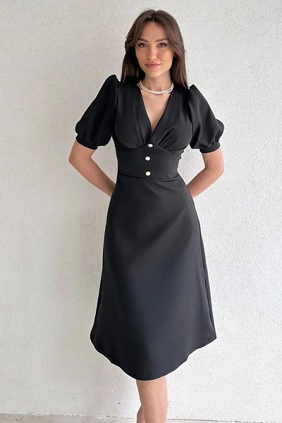 Daem Butik Rochie midi neagră de damă, cu decolteu în V, cu mâneci cu balon, detaliată cu nasturi