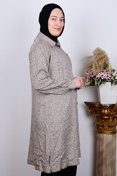 FERACE TESETTÜR Ferace 8929-1 Bej Tunica cu model frunze de viscoză, cu nasturi, cu croială relaxată