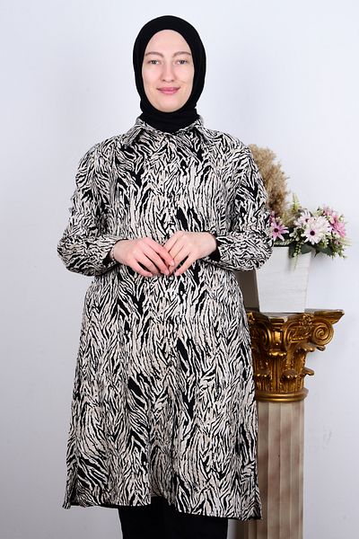 FERACE TESETTÜR Ferace 8929-3 Black Women's Comfortable Cut Large Size Buttoned Complex Patterned Tunic