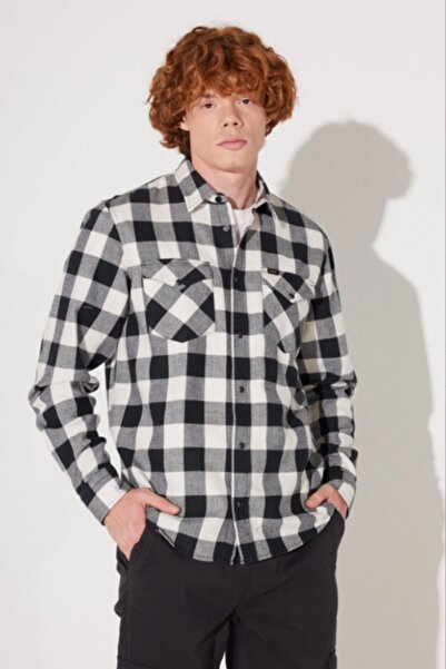 Lee L66rrrnq Ekru-siyah Kare Çizgili Çıtçıtlı Erkek Gömlek