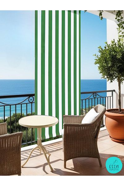 esin tekstil Green and White Striped Balcony Curtain with Cornice - Luxury Custom Made Tarpaulin