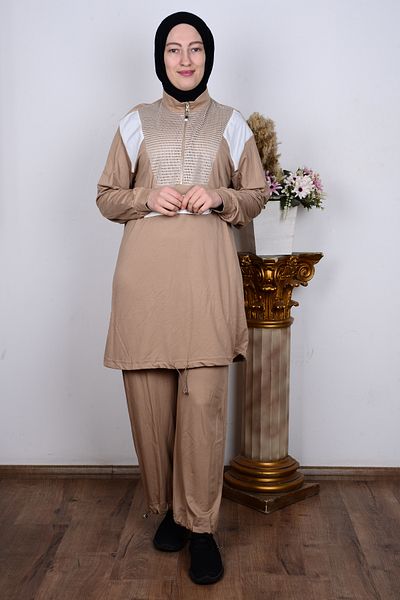 Armine 24yt602 Beige Women's Front Mesh Patterned Relaxed Fit Half Zipper Trousers with Elastic Waist Leg