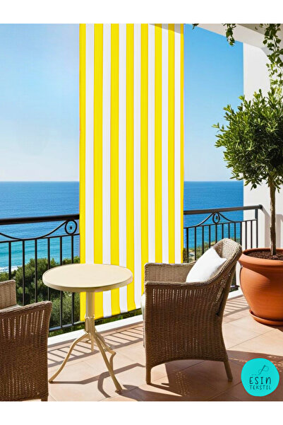 esin tekstil Yellow and White Striped Balcony Curtain with Cornice - Luxury T...