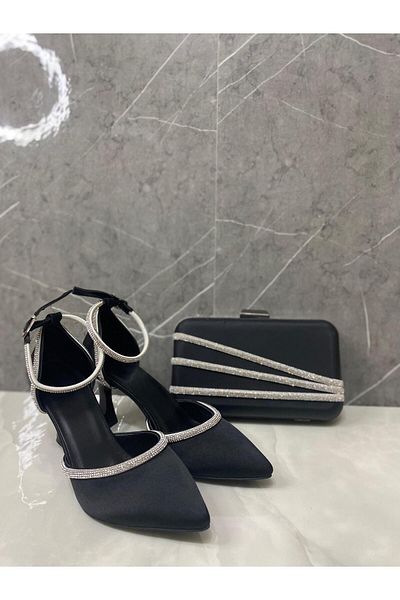 Berush Bride Women's Black Stone 7 cm Evening Dress Shoes and Bag Combination