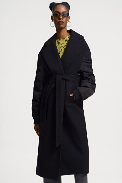 Loft 2033485 Siyah Kadın Lose Fit Içi Astarlı Kemerli Kaban