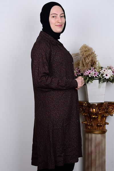 FERACE TESETTÜR Ferace 8929-1 Brown Women's Comfortable Cut Large Size Buttoned Viscose Leaf Pattern Tunic