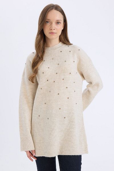 DeFacto Relax Fit Crew Neck Rhinestone Knitwear Sweater Tunic E2945Ax24Wn