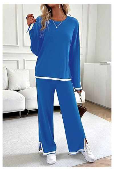 Little Visqon Blue Modal Two-Piece Suit - Crew Neck, Slit Sleeves and Leg