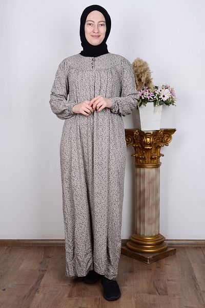 FERACE TESETTÜR Ferace 8226 Beige Women's Robe Comfortable Fit Plus Size Semi Buttoned Crispy Patterned Dress with Elastic Sleeves