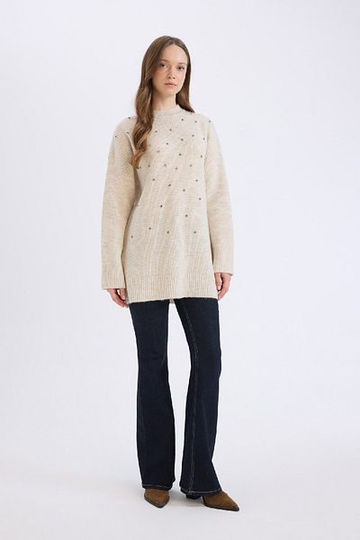 DeFacto Relax Fit Crew Neck Rhinestone Knitwear Sweater Tunic E2945Ax24Wn