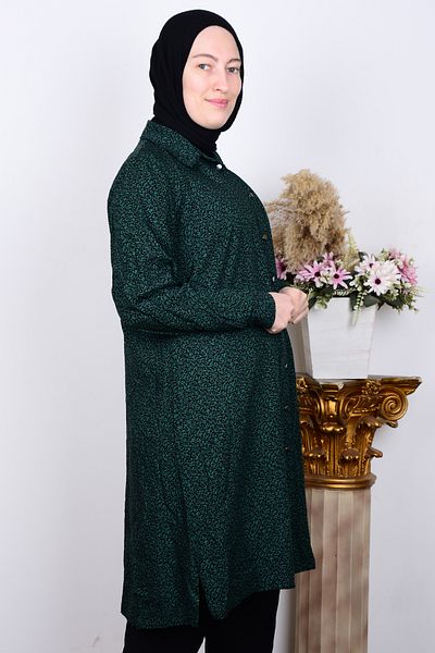FERACE TESETTÜR Ferace 8929-1 Green Women's Comfortable Cut Large Size Buttoned Viscose Leaf Patterned Tunic