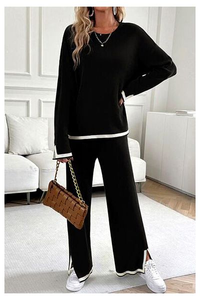 Little Visqon Women's Crew Neck Sleeves and Slit Detail Modal Two Piece Suit - Black