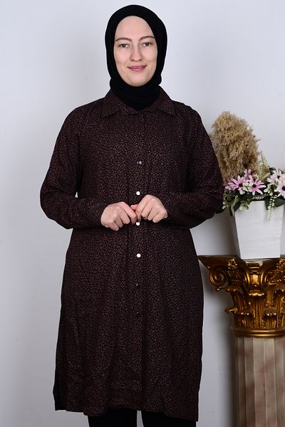 FERACE TESETTÜR Ferace 8929-1 Brown Women's Comfortable Cut Large Size Buttoned Viscose Leaf Pattern Tunic