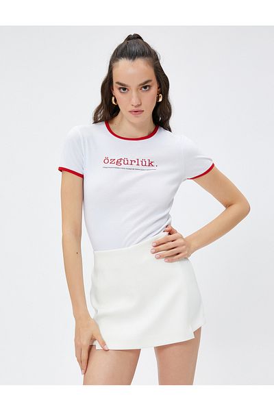 Koton Freedom Slogan Embroidered T-Shirt Short Sleeve Crew Neck 100th Anniversary Special
