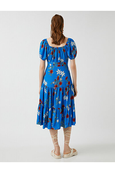 Koton Rochie Midi Viscoza Guler Patrat - Maneca Scurta