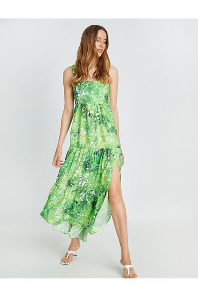 Koton Μακρύ φόρεμα βισκόζης με τιράντες - Floral σχέδιο και σκίσιμο