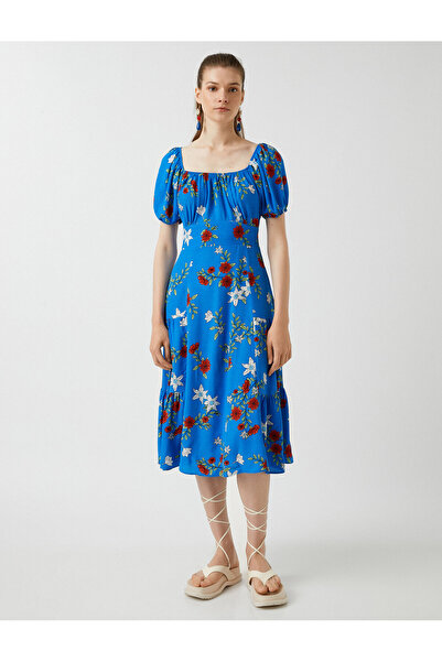 Koton Rochie Midi Viscoza Guler Patrat - Maneca Scurta