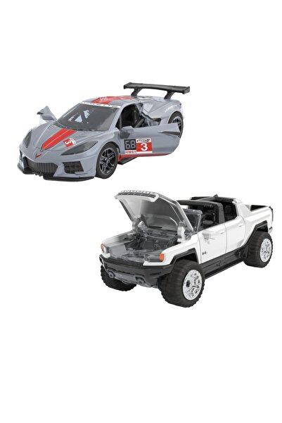 HOT WHEELS SET 2 MASINUTE METALICE PULL BACK GMC HUMMER EV SI CORVETTE C8R 1:43