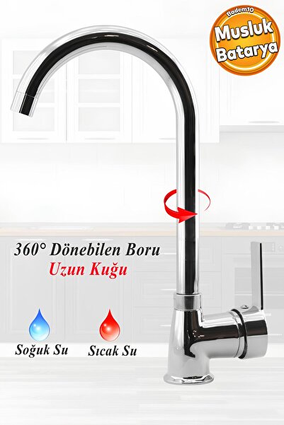 Badem10 Lara Uzun Kuğu Batarya Krom Lavabo Banyo Mutfak Musluğu Musluk Mermer...