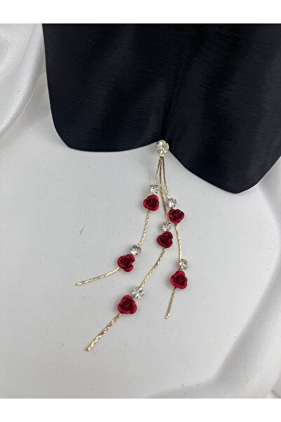 Yıldız Accessory Uzun Sallantılı Zirkon Taşlı Kırmızı Gül Detaylı Yılbaşı Sevgili Abiye Düğün Nişan Altın Çelik Küpe