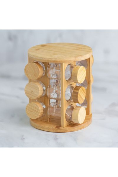 Vadi Set of 12 Round Borosilicate Glass Spice Racks with Bamboo Lids and Swivel Stand