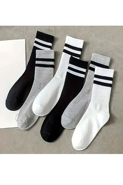 MY MENORA SOCKS Gray Black White Hoop Socks 6 Pairs