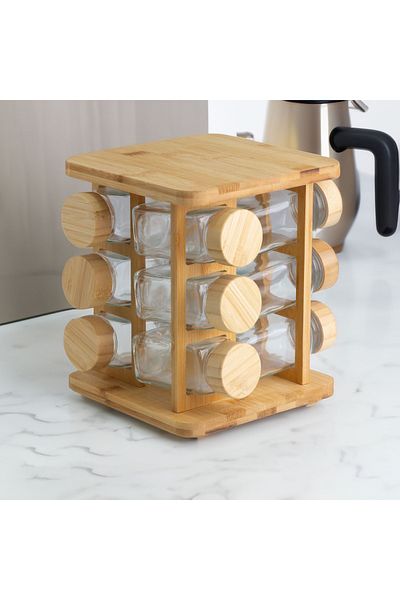 Vadi Set of 12 Square Borosilicate Glass Spice Racks with Bamboo Lids and Swivel Stand