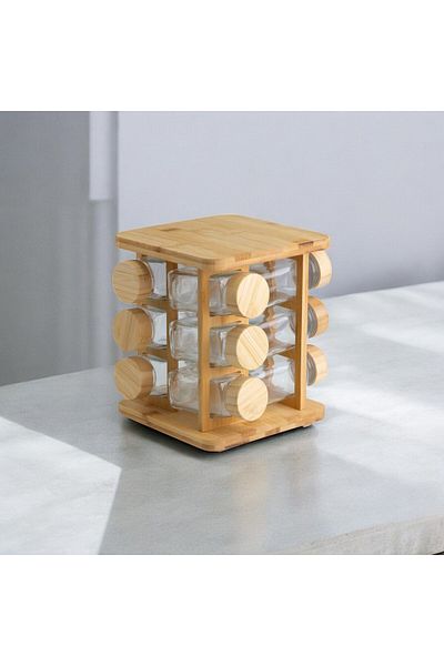 Vadi Set of 12 Square Borosilicate Glass Spice Racks with Bamboo Lids and Swivel Stand