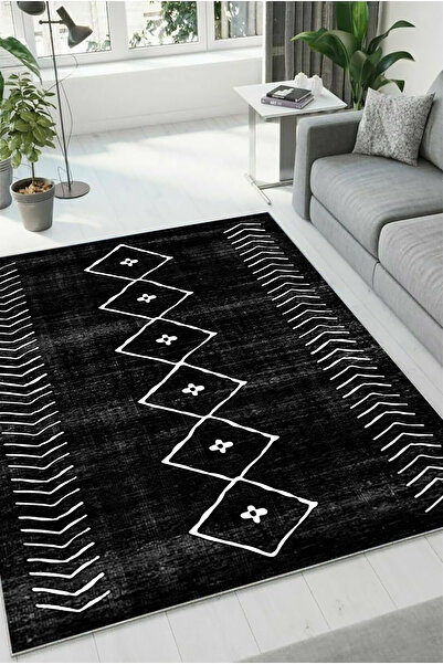 HaLıFoRuM Yıkanabilir Halı Kaymaz Taban İskandinav Desen Salon Halısı Oturma Odası Koridor DZ-11-SİYAH