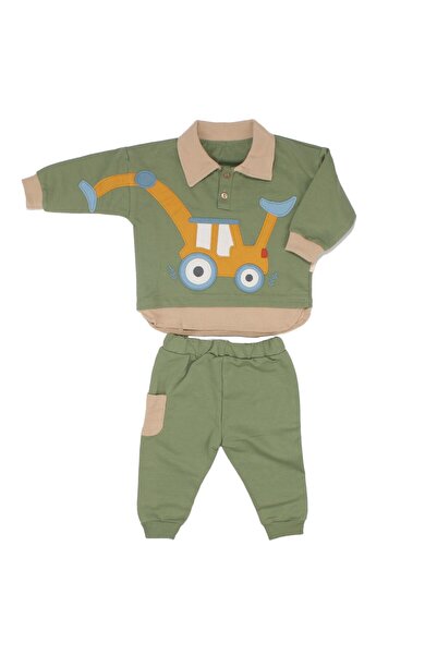 bebegen Erkek Bebek Yeşil Sarı Kepçe Desenli Yakalı 2'li Takım