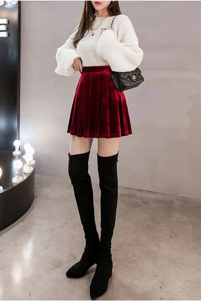 NSMLİFE Red High Waist Pleated Autumn And Winter Velvet Skirt