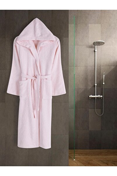 Çetinhome Kapüşonlu Pamuklu Tek Bornoz Pudra