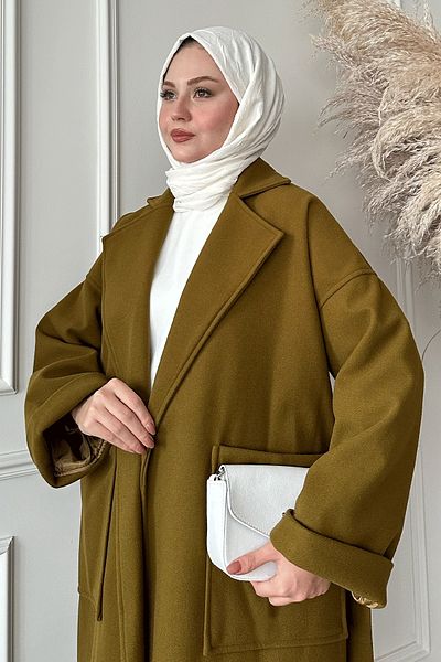 InStyle Double Breasted Wide Sleeve Oil Green Stamp Coat