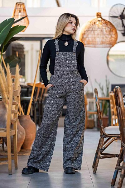Miss Boheme Black Hittite Patterned Wide Leg Salopet Jumpsuit