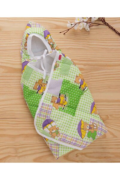 Babyhug Hooded Quilted Teddy Bear Print Wrapper - Green, Cotton Soft, Velcro Closure, 0M+, 70x70 cm