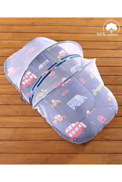 Babyhug 100% Cotton 0-12m Bedding Set with Net, Foldable & Portable, City Buzz Print - Navy Blue