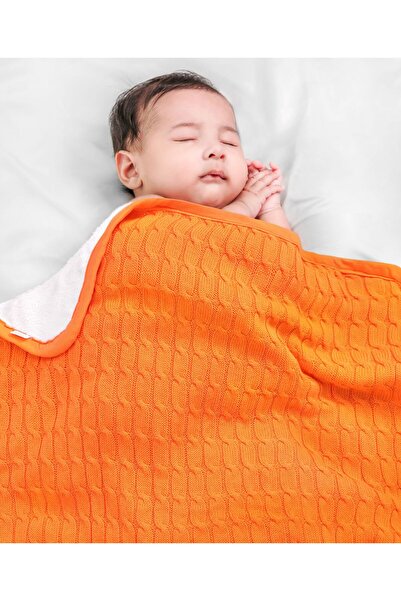 Babyhug Premium Cotton Knitted & Fur Baby Blanket - Soft, Skin-Friendly for 0-12M, Saffron 100x80cm