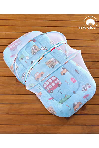 Babyhug Cotton Bedding Set with Mosquito Net & Pillow, Foldable 90x60 cm - Blue City Buzz Print