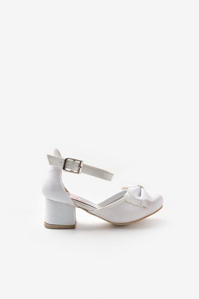 Le Mabelle White Glittery Bow Elsa Girls' Heeled Shoes
