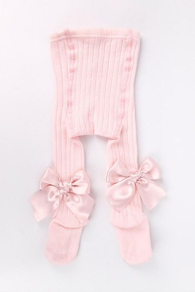 Le Mabelle Pink Bow Ribbed Girl's Pantyhose