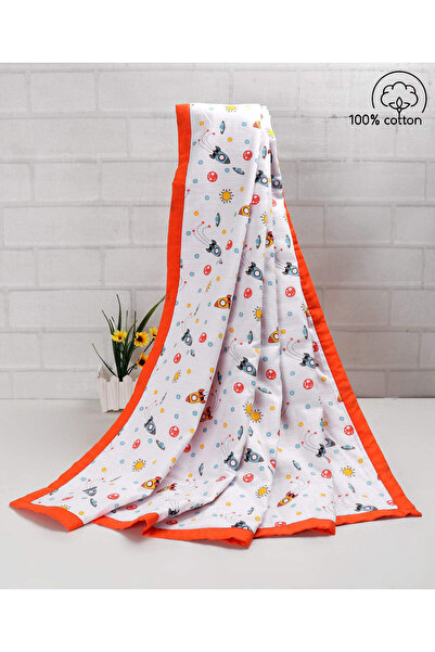 Babyhug 3-Layered Cotton Muslin Baby Blanket, Space Print, Orange, Soft & Breathable