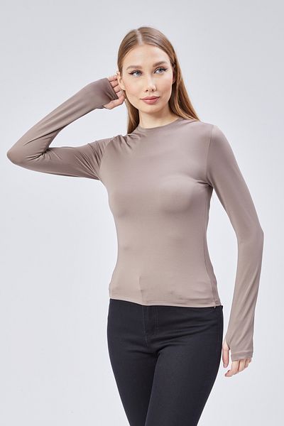 Maison La Femme Καφέ πλεκτό Basic Crew λαιμόκοψη μακρυμάνικο Slim Fit γυναικείο μπλουζάκι