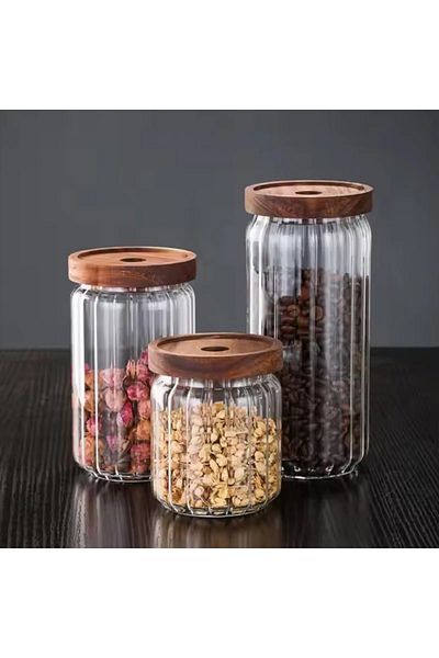 MİMOZA PARK 3-Piece Acacia Jar Set Spice Set (1000-750-500 ml)