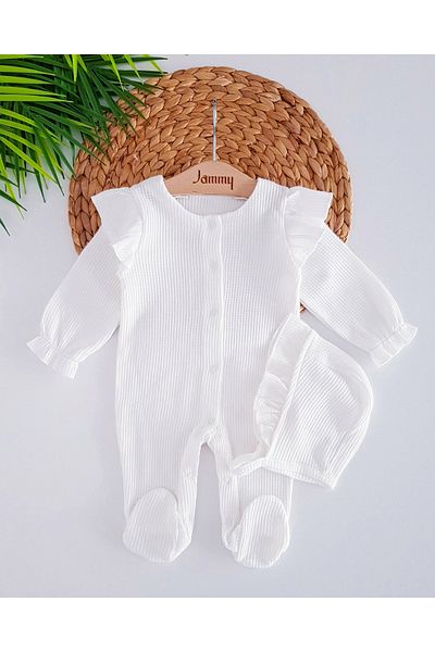 Jammybaby Dina Waffle Fabric - 100% Cotton, Ruffle Baby Girl Romper and Hat Set, Newborn