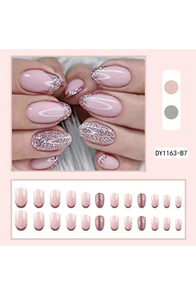 Rediquis 24 Adet Parlak Simli Pembe Fransız Stili Orta Oval Takma Tırnaklar