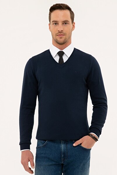 Nacar Erkek Lacivert Slim Fit V Yaka Basic Triko Kazak G021SZ0TK.000.1171062